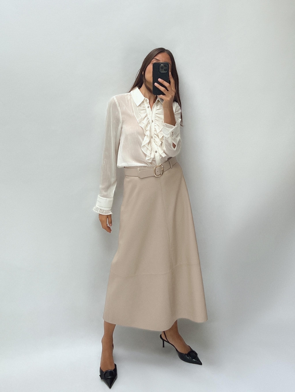 Zara Beige Faux Leather Midi Skirt with Belt - Picture 2 of 11
